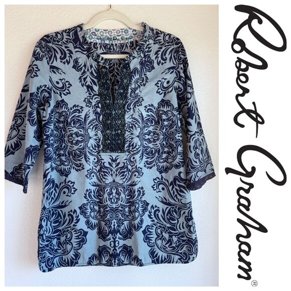 Robert Graham Womens Embroidered Beaded Damask Print Split Neck Popover Top Blue - Picture 1 of 12